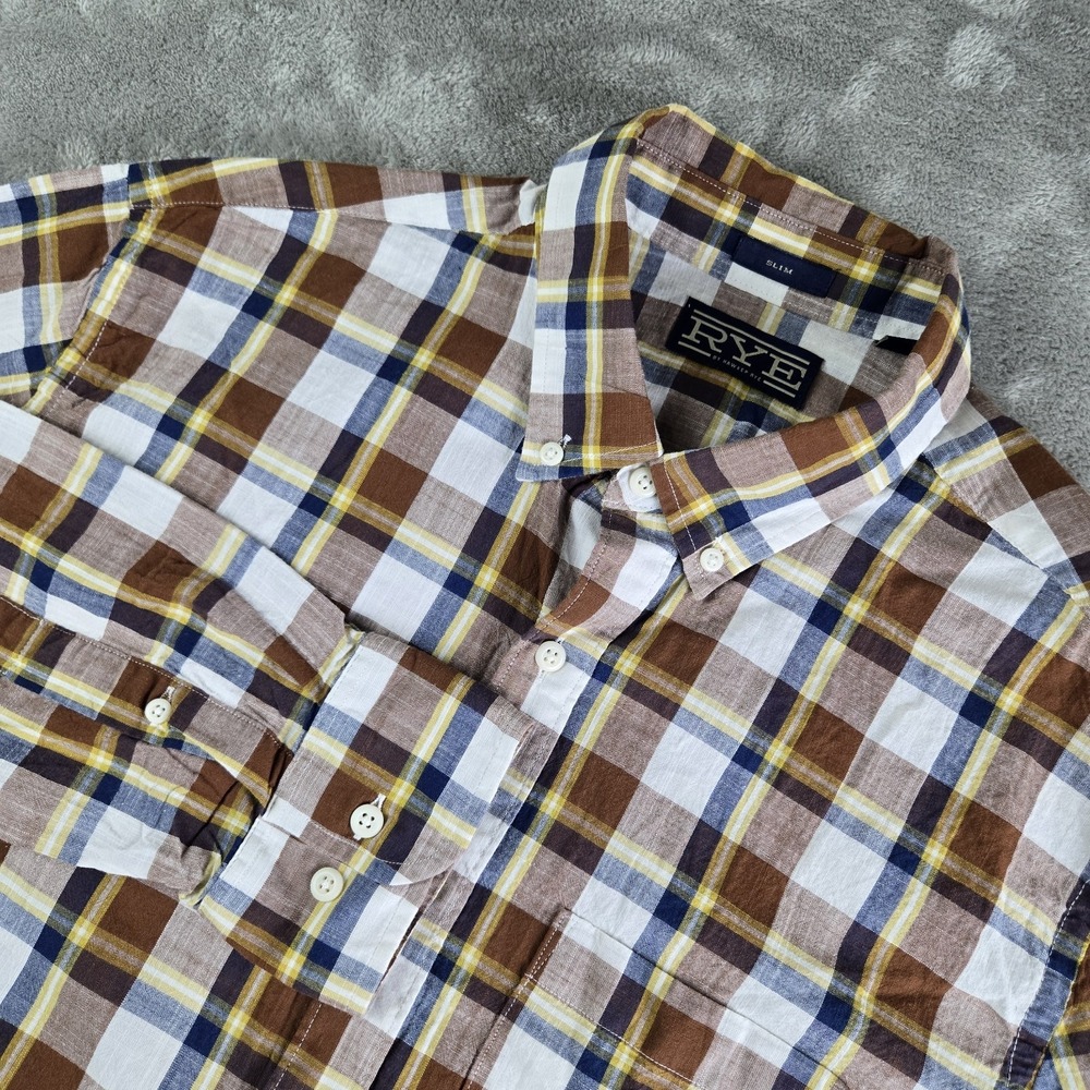 Hawker Rye Shirt Mens Large White Brown Blue Plaid Slim Long Sleeve Casual Work